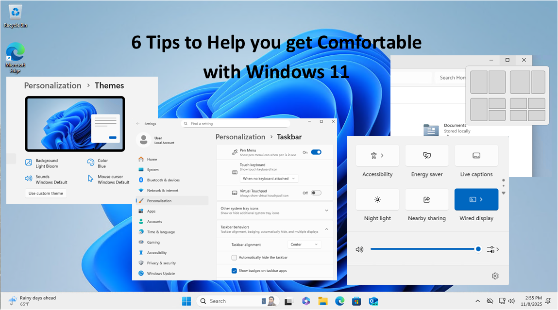 Visual guide to Windows 11 new features with numbered tips for new users on customization, multitasking, and security