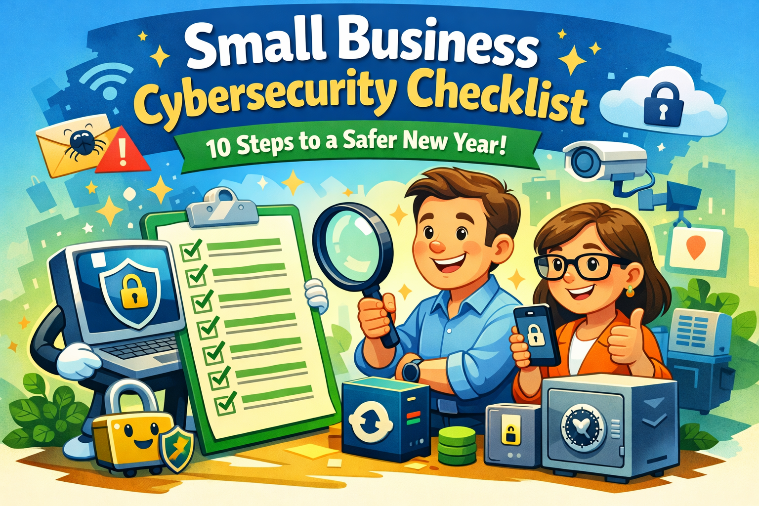 Small business cybersecurity checklist illustration showing business owners reviewing security steps for the new year
