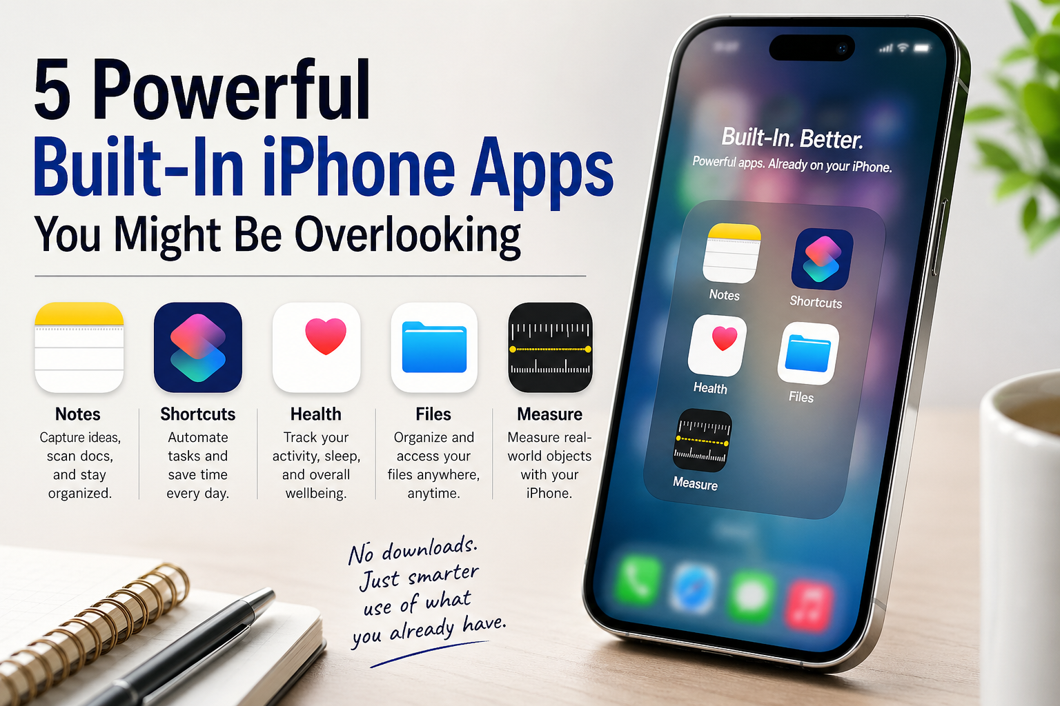 A modern promotional graphic showing an iPhone displaying built-in apps including Notes, Shortcuts, Health, Files, and Measure, alongside the headline “5 Powerful Built-In iPhone Apps You Might Be Overlooking.”